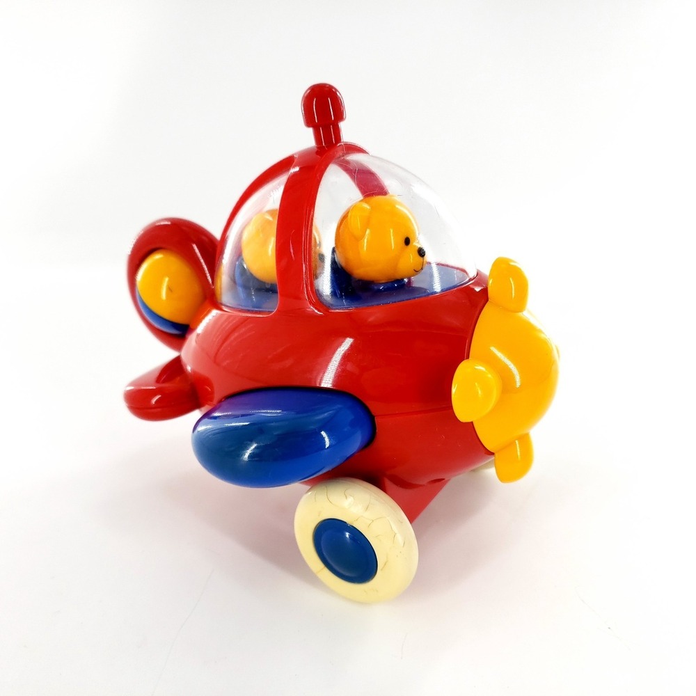 Vintage Tolo Baby Flyer Push Along Airplane Toddler Toy Red Bear Pilot